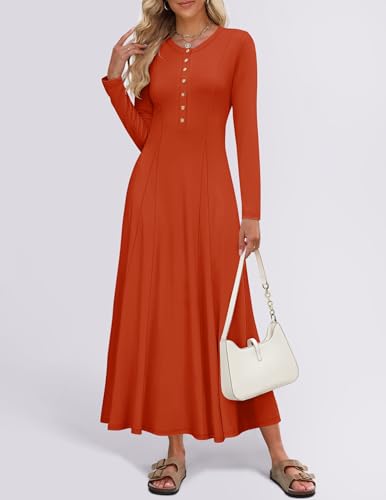 Image of ZESICA Women's Elegant Maxi Dresses 2026 Fall Long Sleeve Button Casual A Line Boho Flowy Dress with Pockets