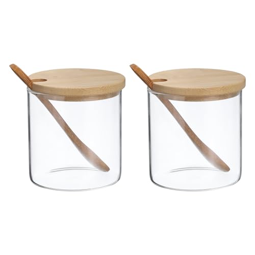 PATIKIL Botes de vidrio para condimentos de 300 ml, juego de 3 tarros de especias de vidrio con tapa de cuchara de bambú y base para almacenar sal y azúcar
