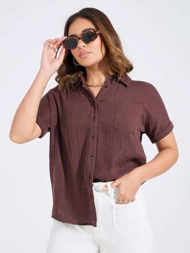 Image of Styli Women's Brown Regular Fit Roll-Up Sleeve Textured Button-Down Shirt | Cotton Casual Top with Spread Collar & Button Closure | Perfect for Versatile Casual Wear