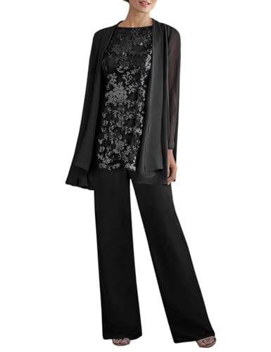 3 Pieces Mother of The Bride Pant Suits for WeddingLong Sleeves Lace Chiffon Outfit Formal Wedding Guest Outfit with Jacket Black 10