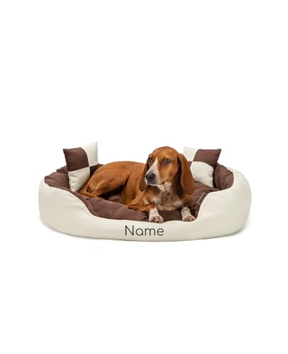lionto Hundebett 4-in-1 mit Wendekissen aus robustem Oxford, 85x70 cm, Heimtierkissen Kratzfest mit tiefem Einstieg für Katzen und Hunde Aller Größen, wasserabweisend, braun/beige (Namensaufdruck)