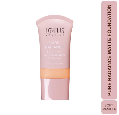 Image of Lotus Make-Up Pure Radiance Matt Fix Daily Foundation with Ceramides | Oil-Free, Lightweight & Breathable | Hydrates & Smoothens | Matte Radiant Finish | Buildable Coverage | All Skin Types | 01 Soft Vanilla | 30ml
