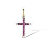 Santuzza 10K Yellow Solid Gold Dainty Cross Pendant Genuine Diamond Ruby Pendant Without Chain for Women