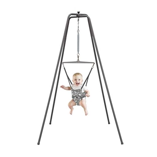 Jolly Jumper Elite (Grey Safari) Baby Exerciser - Sturdy Frame, 6 ft Tall Stand Baby Jumper, Indoor and Outdoor Exercise Saddle Seat, Adjustable Height, for Infants up to 28lbs