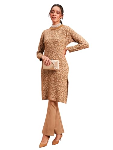 Image of Women's Woolen Winter Kurta | Ethnic Motifs Self Design Long Sleeve Straight Wool Kurti with Round Neck