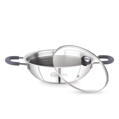 Image of Classic Steels Hexa Comb Triply Kadai with Glass Lid - 1.5 LTR (20cm) | Stainless Steel Non-Stick Kadhai for Cooking | Gas & Induction Compatible | 2.5mm Thickness | Durable Stay Cool Silicon Handle