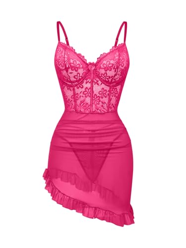Image of Foxiny Sexy Corset Bodycon Ruffle Sheer Underwire Mesh Lace Floral Outfits Babydoll Lingerie Set Dress with Thong 2 Piece