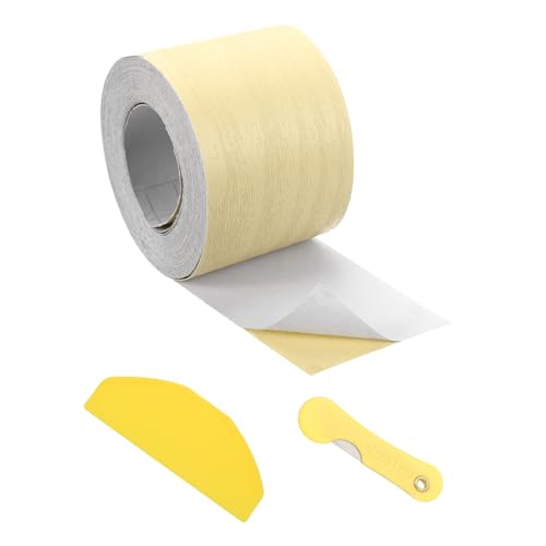 Image of uxcell 1 Roll Wood Grain Tape, 1.97 inch x33 Ft Realistic Textured Repair Tape Self Adhesive Wood Textured Patch with Tool for Floor Wall Door Table Cabinets Furniture Home Decor(Light Yellow)