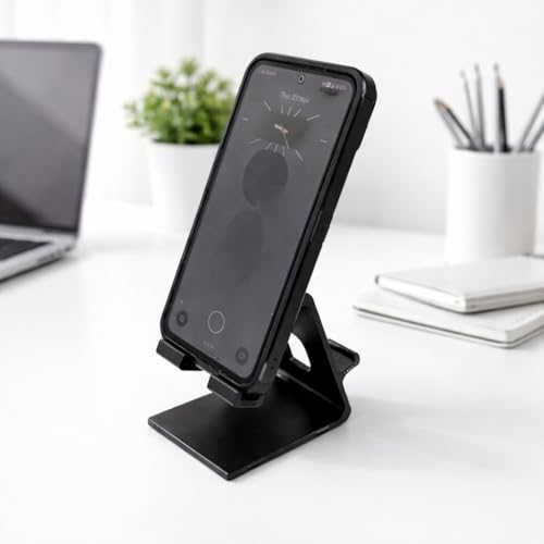 Image of Heavy Duty Double Sided Mobile Stand - Plastic Smartphone Holder for Desk | Stable Viewing Support | Black | for Video Calls & Entertainment