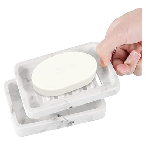Luxspire Soap Dish Tray, Double Layer Draining Soap Holder, Detachable Soap Container Box for Bathroom Shower, Kitchen Sink Dish Sponge Holder, Drainer Soap Case - White Marble Cover