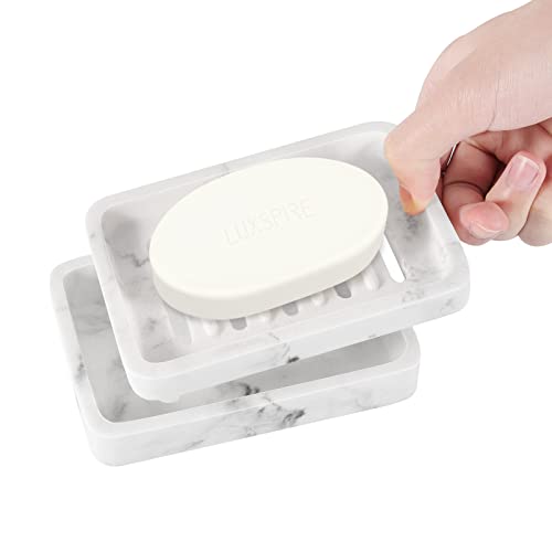 Luxspire Soap Dish Tray, Double Layer Draining Soap Holder, Detachable Soap Container Box for Bathroom Shower, Kitchen Sink Dish Sponge Holder, Drainer Soap Case - White Marble