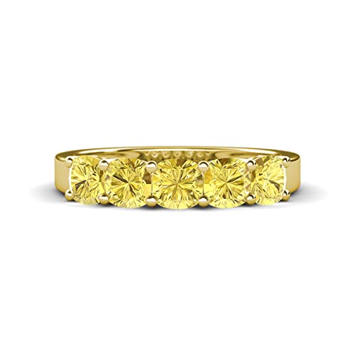 Cushion Shape Lab Created Yellow Sapphire 2.20 ctw Side Gallery Women 5 Stone Stackable Wedding Band in 14K Gold.