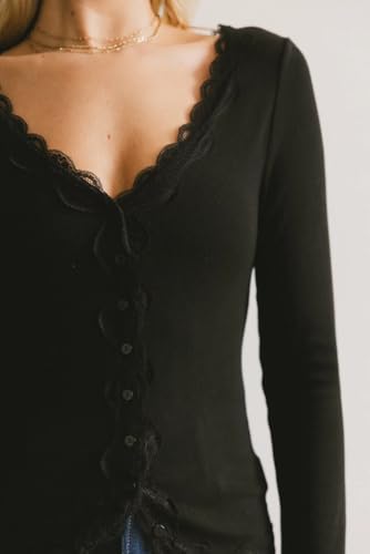 Womens Cardigans Lightweight Long Sleeve Button Down V Neck Slim Fit Lace Trim Top2