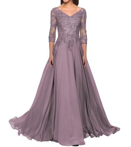 Damen Chiffon Spitze Brautmutterkleider V-Ausschnitt 3/4-Ärmel Abendkleider A-Linie Elegant...