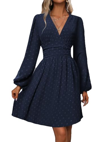 LIAMERHE Vestido Vestido Manga Larga Mujer Casual Vestidos Largos Cuello en V Elegante Vestido de Manga Farol Vestido línea A Otoño Invierno Marino XL