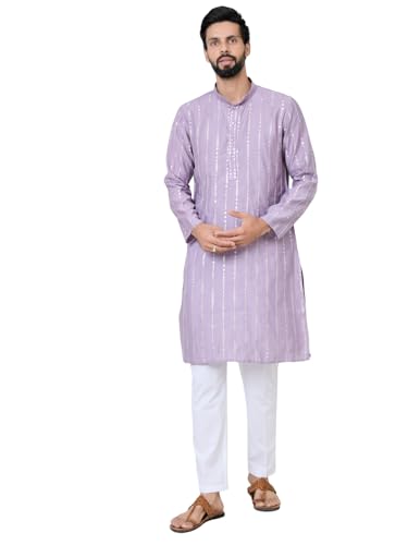 Image of See Designs Men's Full Sleeve Mandarin Collar Sequins Embroidered Straight Long Kurta - Festive Collection