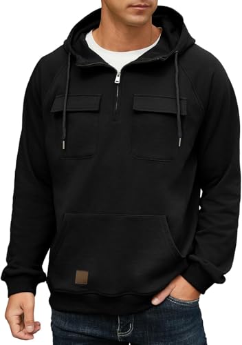 QIXING Men's Cargo Hoodies Quarter-Zip Sweatshirts Tactical Jumpers Casual Gym Athletic Loose Hooded Tops (Black, S)