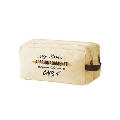 DEREGALOOS Neceser Personalizado con Nombre o Frase. Canvas Resistente Azul o Beige con Doble Compartimento y Asa en Polipiel. Regalo Original (Beige - Frase Comprometida con el Caos)