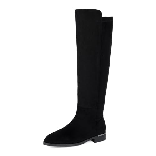 Image of Modatope Rounded Toe Flat Stretchy Dress Knee High Boots Side Zipper | Suede Elastic Fall Winter Boots, Low Chunky Block Heel Riding Boots,2026 Fashion Womens Tall Long Boots