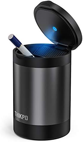 THIKPO Car Ashtray with Lid, Portable Ashtray for Car, Mini Car Trash Can, Detachable Stainless Steel Smokeless Ash Tray with LED Blue Light, Windproof for Outdoor Travel, Home Use (Misted Grey)