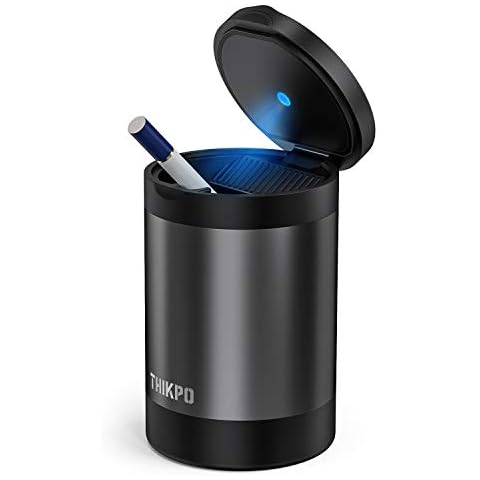 THIKPO Car Ashtray with Lid, Portable Ashtray for Car, Mini Car Trash Can, Detachable Stainless Steel Smokeless Ash Tray with LED Blue Light (Misted Grey) Cover