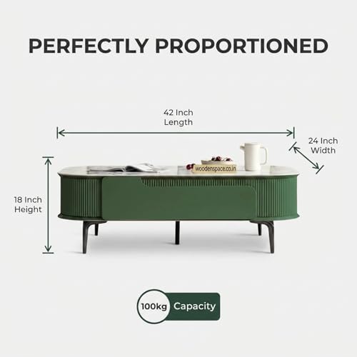 Image of WOODEN SPACE Premium Solo Marble-Top Wooden Center Table for Living Room | Iron Legs | PVD Coating | Modern Entryway Furniture | Coffee Table - 42X24X18 in (Dark Green)