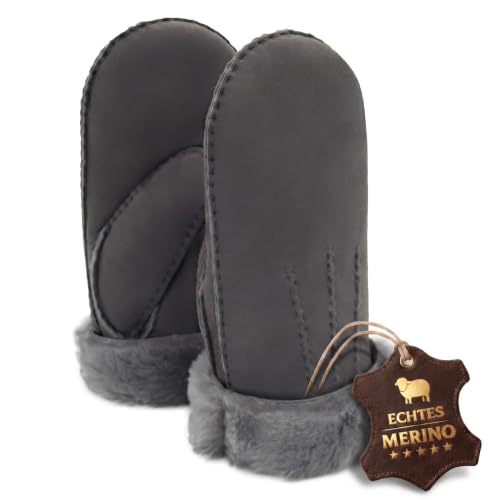 Rohn Moden Lammfell Handschuhe Arber echtes Merinolamm für Damen und Herren Fäustlinge Fausthandschuhe in Premiumqualität aus spanischem Merino grau Größe 8