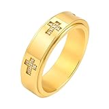 PAMTIER Hombre Acero Inoxidable 6mm Fidget Anillo Cruz Giratorio Banda con Circonita Cúbica Inspiracional Ansiedad Anillos Oro Talla 17