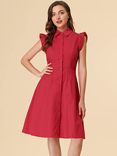 Image of Allegra K Women's Ruffled Sleeve Casual Office Dress Tie Waist Button Down Cotton Shirt Dresses