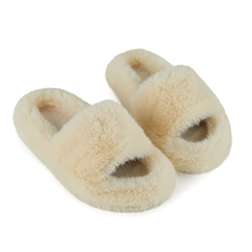 Womens House Slippers Cross Band Open Toe Soft Plush Fleece Bedroom Slippers Faux Fur Comfy Fuzzy Slip On Non-Slip Beige White Size 9 10
