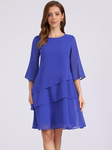 Image of Seta T Women's Chiffon Dresses 3 /4 Bell Sleeve Crewneck Tiered Layered Flowy Dress Party Wedding Outfits