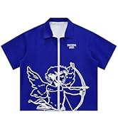 VIPWOLF Men's Y2K Graphic Tees Letter Short Sleeve Collared Zip Up T-Shirts