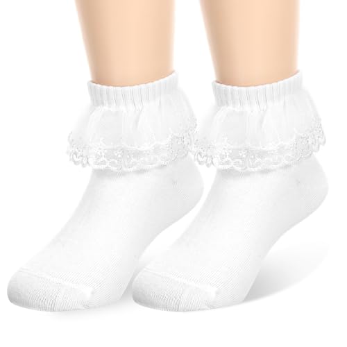 Lace Ruffle Frilly Ankle Socks for Women Girls,Casual Cute Ankle Breathable Knit Cotton Soft Frilly Crew Socks Big Ruffle Lace Frlily Turn Cuff Dress Sock Lightweight Cotton Sock(1 Pair, White)