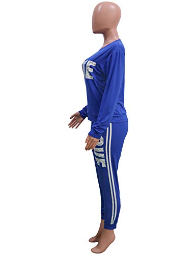 KANSOON Women's Letter Print 2 Piece Outfits Round Neck Long Sleeve Sweatshirt and Pants Set Tracksuit Blue M