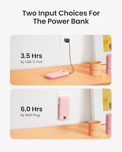 Image of Portable Charger Built-in Cables and Wall Plug, 10000mAh Slim USB C Power Bank, LED Display External Battery Pack Compatible with iPhone /Android & More (Pink)