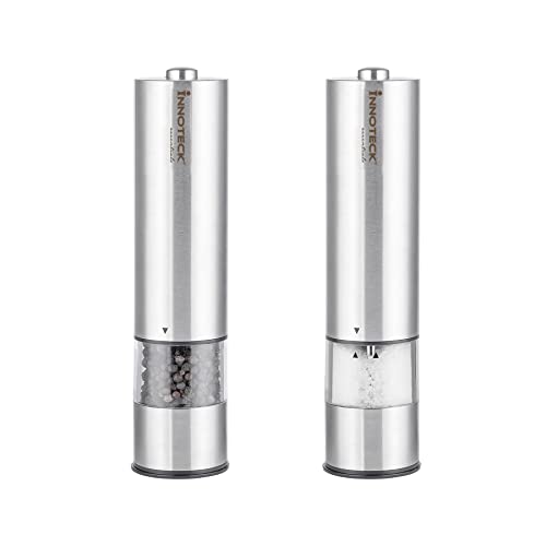 Innoteck Essentials Electric Salt and Pepper Mill Set - Battery-Operated Stainless-Steel Pepper Mill with Light - One Touch Operation - Salt & Pepper Mills - Adjustable Coarseness - Ceramic Grinder