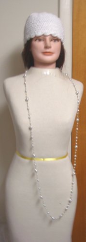 Hand Crocheted White Chenille Skull Cap with Pearl and Glass Beads Serenity Necklace