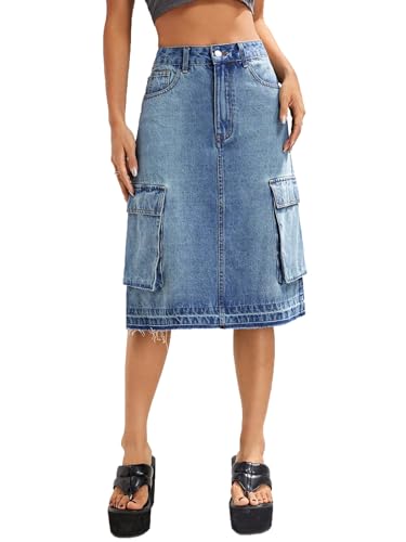 cffvdiz Faldas Cargo Y2K Casuales para Mujer Falda Vaquera Midi Delgada De Cintura Alta,Azul,L