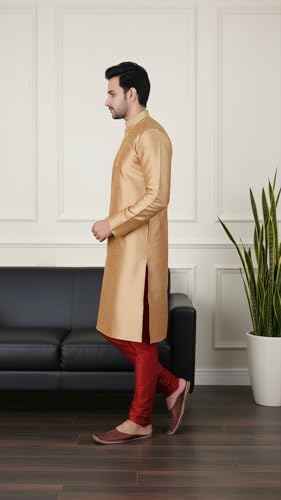 Image of Sadree Men's Silk Blend Mandrin Collor Full Sleeve Knee Length Indian Kurta Chudidar Pyjama Set
