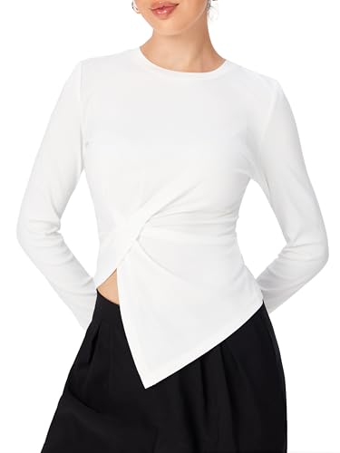 CIDER Long Sleeve Tops for Women Trendy Crew Neck Asymmetrical Hem Ruched Twist Front Going Out Tops Spring Fall Fashion4
