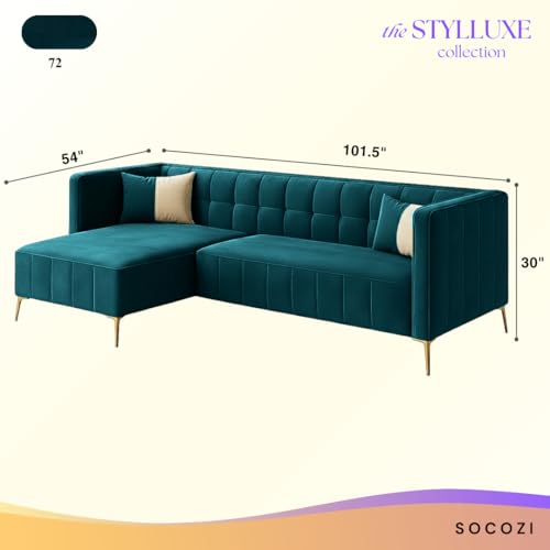 Image of SOCOZI Stylluxe 6 Seater Velvet Fabric LHS L Shape Sofa Set for Living Room |Fabric L Shape Sofa Set for Home & Office (Green Teal)
