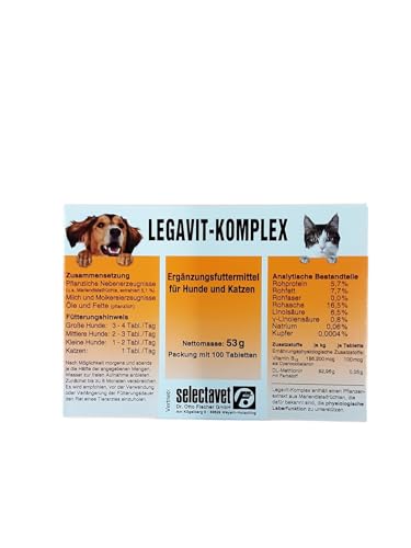 Selectavet LEGAVIT-KOMPLEX | Doppelpack | 2 x 100 Tabletten | Ergänzungsfuttermittel für Hunde und Katzen | Mit Mariendistel