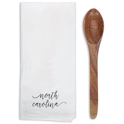 Mary Square North Carolina Black 13 x 6.5 All Cotton and Mango Wood Tea Towel and Spoon Set