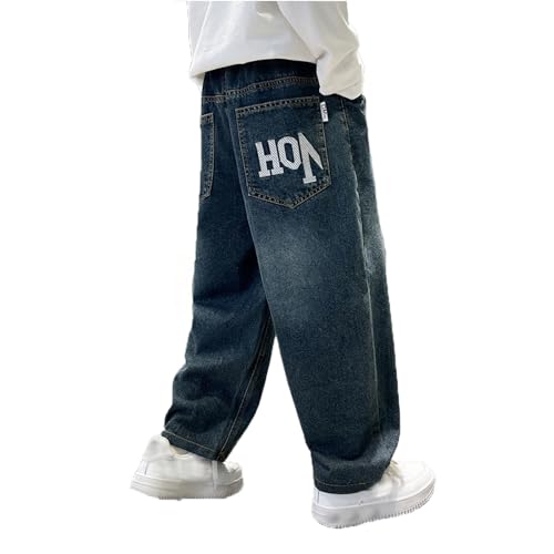 Generisch 2025 Jeans casuales de pierna recta corte ancho para niños pantalones de primavera, azul oscuro, 11-12Years