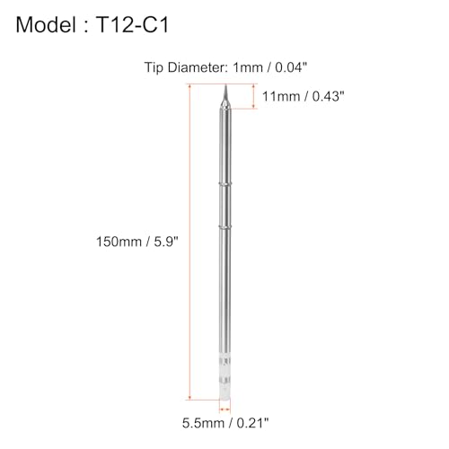 Image of HARFINGTON Soldering Iron Tips T12-C1 1mm Diameter Fine Point Nickel-Plated Fast Heat up Solder Replacement Tip for Fine welding, Electrical Solder Station, Silver Tone
