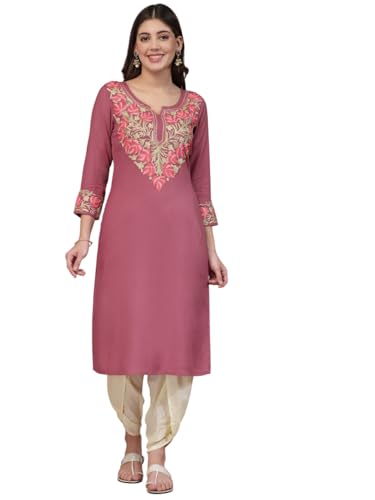 Image of QAZMI Women's Noura Kashmiri Aari Embroidered Viscose Rayon 3 /4 Cuff Sleeves A-Line Kurta