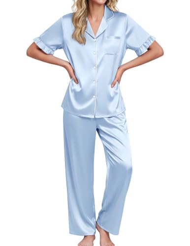 Image of Ekouaer Silk Satin Pajamas for Women Set 2 Piece Short Sleeve Button Up Pjs | Two Side Pockets,Soft Bridesmaid Lounge Set,Bridal Ruffle Sleepwear,Wedding Party,Honeymoon Vacation,Postpartum