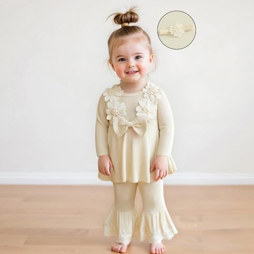 Toddler Baby Girls Fall Winter Outfit Lace Embroidery Clothes Toddler Kids Long Sleeve Tops Bell-bottom Pants Set2