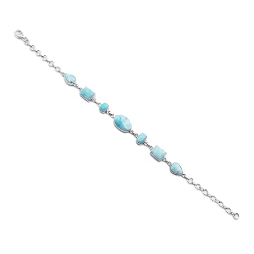 Bracelet Larimar pierre précieuse bleue ovale rectangulaire plaqué rhodium