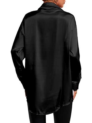Lyaner Women's Satin Silk Collar V Neck Button Down Long Sleeve Blouse Shirt Top Black X-Large #TOP1
